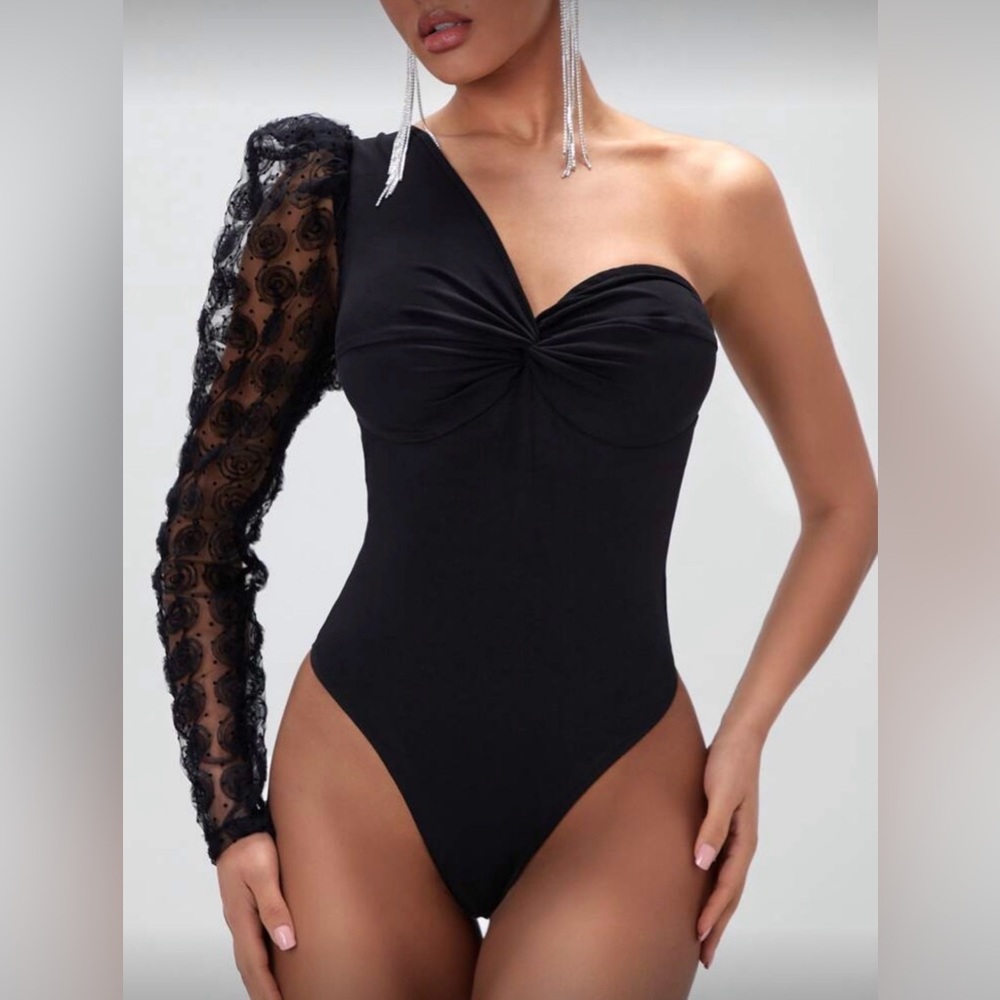 Black One-Shoulder Bodysuit with Lace Detail